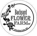 Text stat Backyard Flower Farm LLC, White Bear Lake, MN. A circle around the next with flowers climbing the circle .